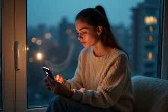 Femme pensante regardant son smartphone au crépuscule