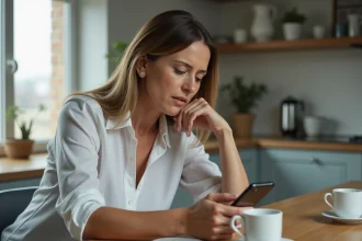 Femme d'âge moyen utilisant son smartphone dans la cuisine