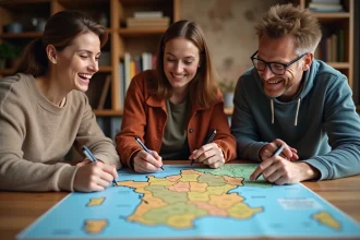 Groupe de trois adultes autour d'une carte de France