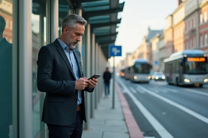 Homme d'affaires regardant son smartphone à un arrêt de bus