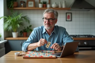 Homme d'âge moyen jouant à Scrabble dans une cuisine moderne