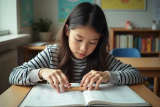Jeune fille en classe mesure un livre de mathématiques