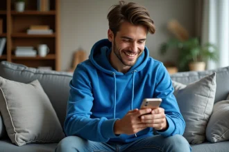 Jeune homme lisant manga sur smartphone dans son salon