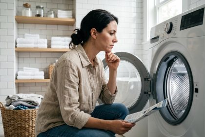 Femme qui examine l'intérieur d'un lave-linge à hublot dans une buanderie moderne et bien organisée