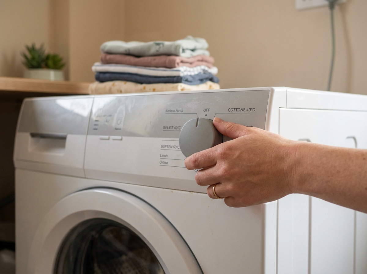 Gros plan sur une main de femme réglant le programme d'un lave-linge dans une buanderie familiale