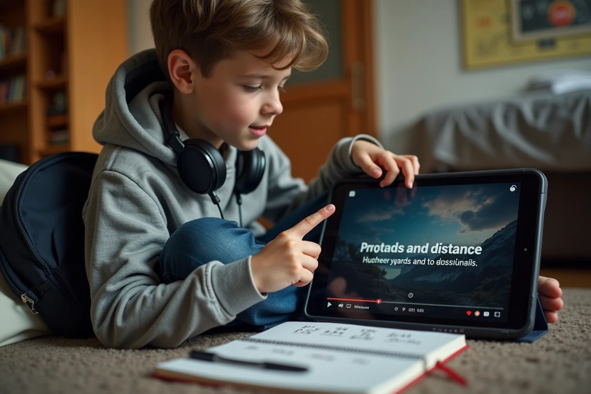 Adolescent sur le sol de sa chambre consultant une vidéo YouTube en anglais avec des conversions yards mètres notées dans un cahier scolaire