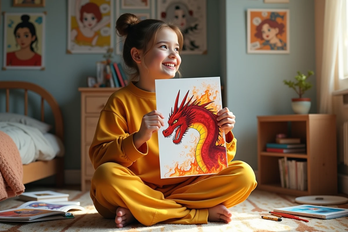 Adolescente présentant fièrement son dessin terminé de Dracaufeu avec flammes et lave dans sa chambre