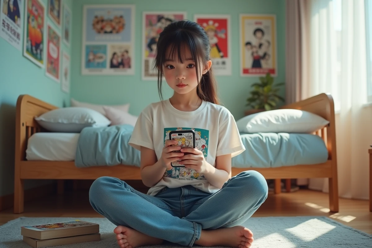 Adolescente lisant un chapitre de scan manga sur smartphone dans sa chambre décorée d'affiches anime