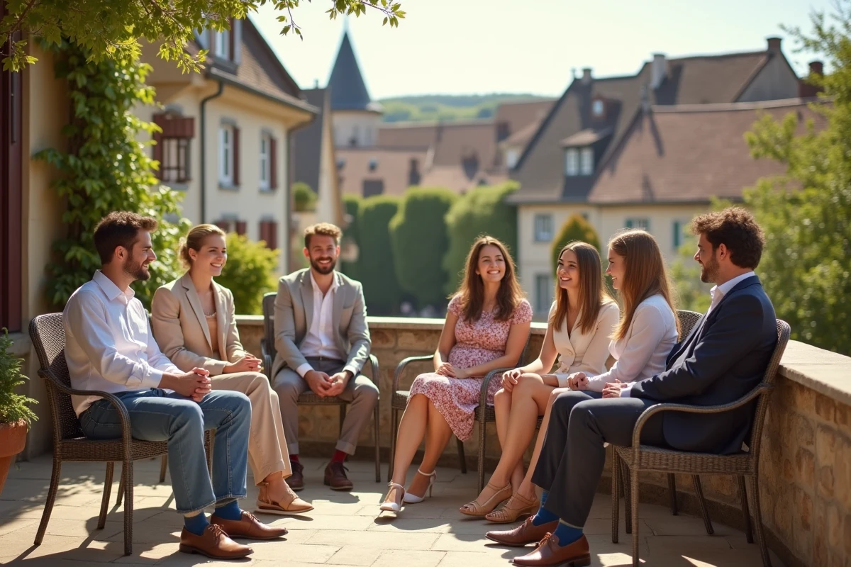 Groupe d'amis profitant d'un jour férié de mai sur une terrasse ensoleillée d'un village français