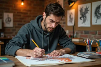 Artiste adulte dessinant un Dracaufeu avec des flammes colorées sur une feuille d'illustration épaisse dans un studio créatif