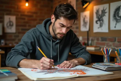 Artiste adulte dessinant un Dracaufeu avec des flammes colorées sur une feuille d'illustration épaisse dans un studio créatif