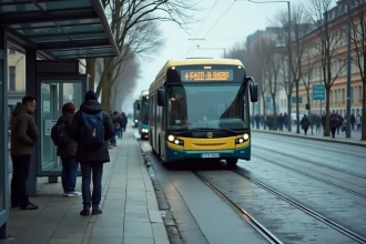 Bus de ville arrêté à un arrêt de bus urbain avec des passagers attendant sous un abribus affichant un horaire modifié