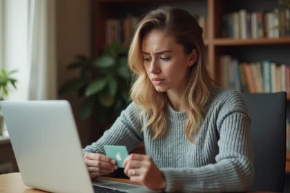 Femme tenant une carte Illicado devant un ordinateur portable, essayant de l'utiliser sur un site de commerce en ligne