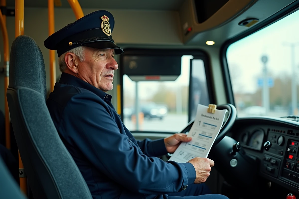 Chauffeur de bus de remplacement consultant l'horaire de la ligne 378 depuis son poste de conduite