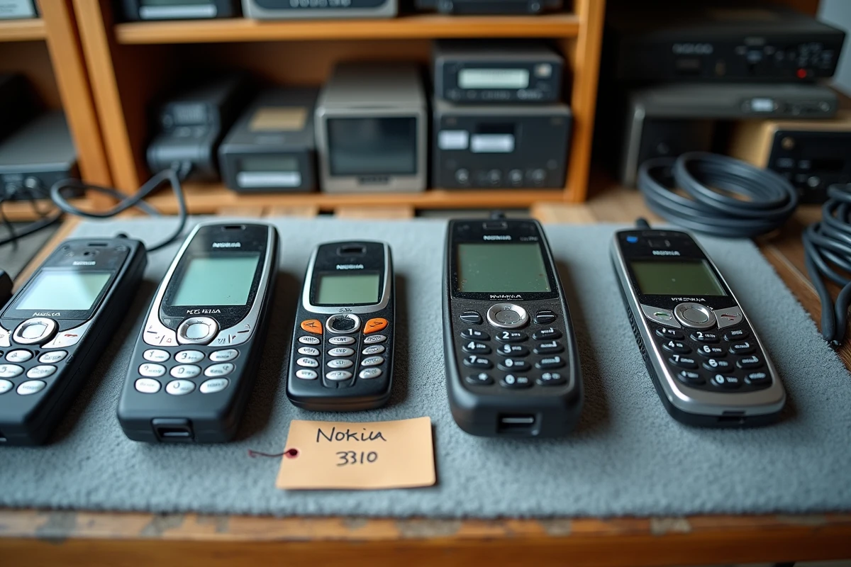Quatre anciens modèles de téléphones Nokia vintage disposés en flat lay sur une surface grise avec chargeurs et étiquette de prix pour la revente