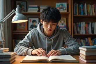 Jeune homme comparant des volumes de manga et de light novel japonais sur un bureau en bois dans une bibliothèque animée