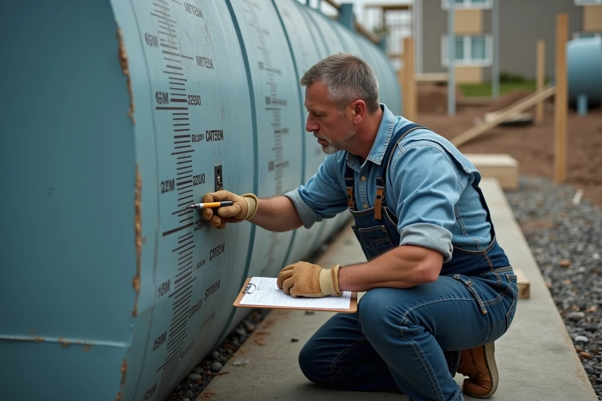Plombier en salopette denim mesurant un réservoir d'eau industriel gradué en mètres cubes sur un chantier de construction, conversion de volume professionnel