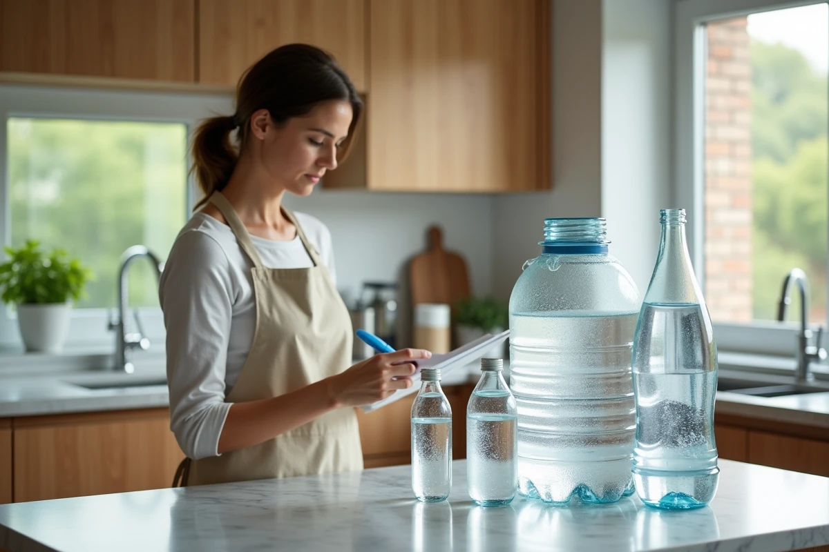 Femme dans une cuisine moderne comparant un grand bidon de 10 litres avec des bouteilles d'un litre pour illustrer la conversion de volume entre mètres cubes et litres