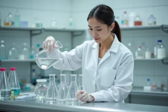 Scientifique en blouse blanche versant de l'eau d'un bécher gradué en litre dans des flacons de laboratoire, illustrant la conversion de volume mètre cube en litre