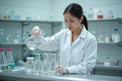 Scientifique en blouse blanche versant de l'eau d'un bécher gradué en litre dans des flacons de laboratoire, illustrant la conversion de volume mètre cube en litre