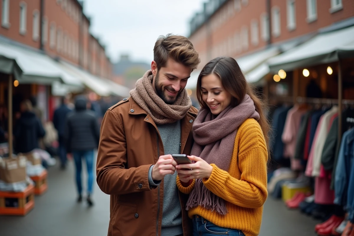 Couple consultant une application mobile pour trouver des braderies proches dans le Nord de la France