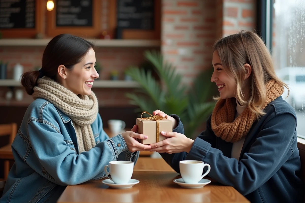 Deux amies échangeant un cadeau Secret Santa à 5 euros dans un café chaleureux en hiver