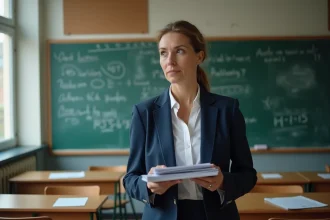 Enseignante devant un tableau noir dans une salle de classe française avec des documents de notation, illustrant les salaires des professeurs des écoles