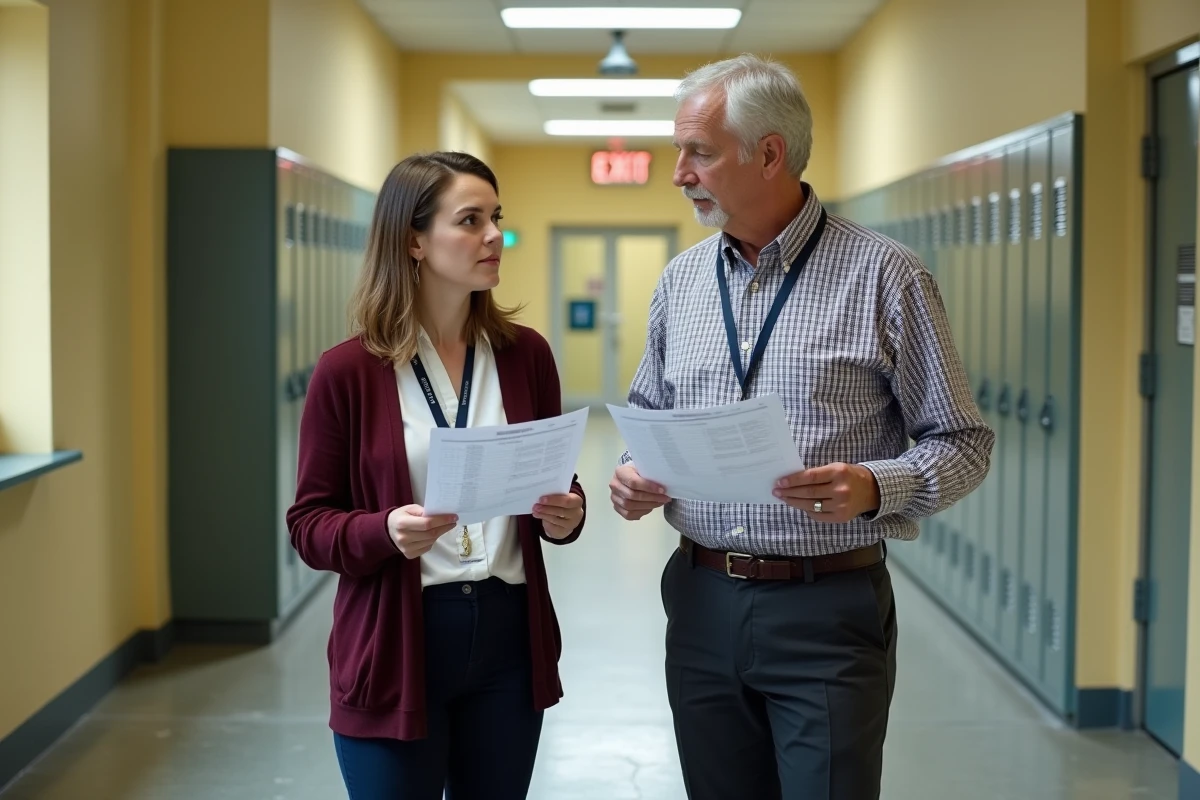 Deux enseignants comparant des grilles de salaires dans un couloir d'école publique française, illustrant les écarts de rémunération entre professeurs des écoles et certifiés
