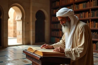Vieux érudit moyen-oriental consultant un manuscrit enluminé ancien dans une bibliothèque en pierre aux arches mauresques, illustrant la transmission des textes sacrés
