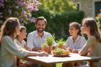 Famille française profitant d'un long week-end de mai autour d'un repas en plein air dans un jardin fleuri