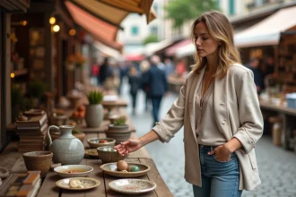 Femme parcourant les étals d'une braderie en plein air dans le Nord, entourée d'objets vintage et de livres anciens