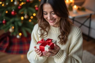 Femme souriante déballant un cadeau de Noël à moins de 5 euros emballé d'un ruban rouge dans un salon décoré