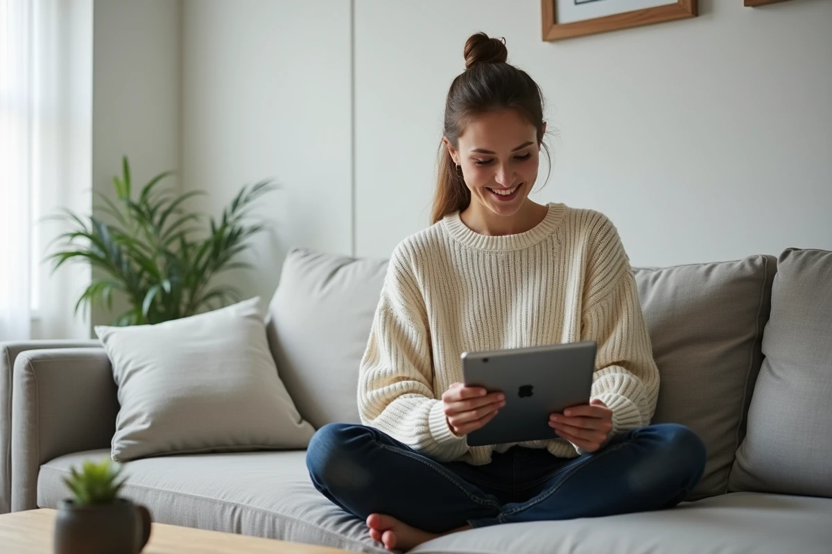 Femme personnalisant un gif animé d'anniversaire pour un homme sur une tablette dans un salon moderne