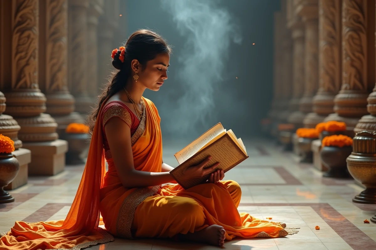 Jeune femme indienne en sari safran lisant un manuscrit sur feuilles de palmier dans un temple hindou sculpté, symbolisant la préservation des écritures sacrées