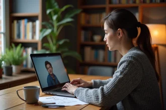 Femme regardant une série en anglais sur un ordinateur portable avec des notes de conversion yards en mètres sur un bureau en bois