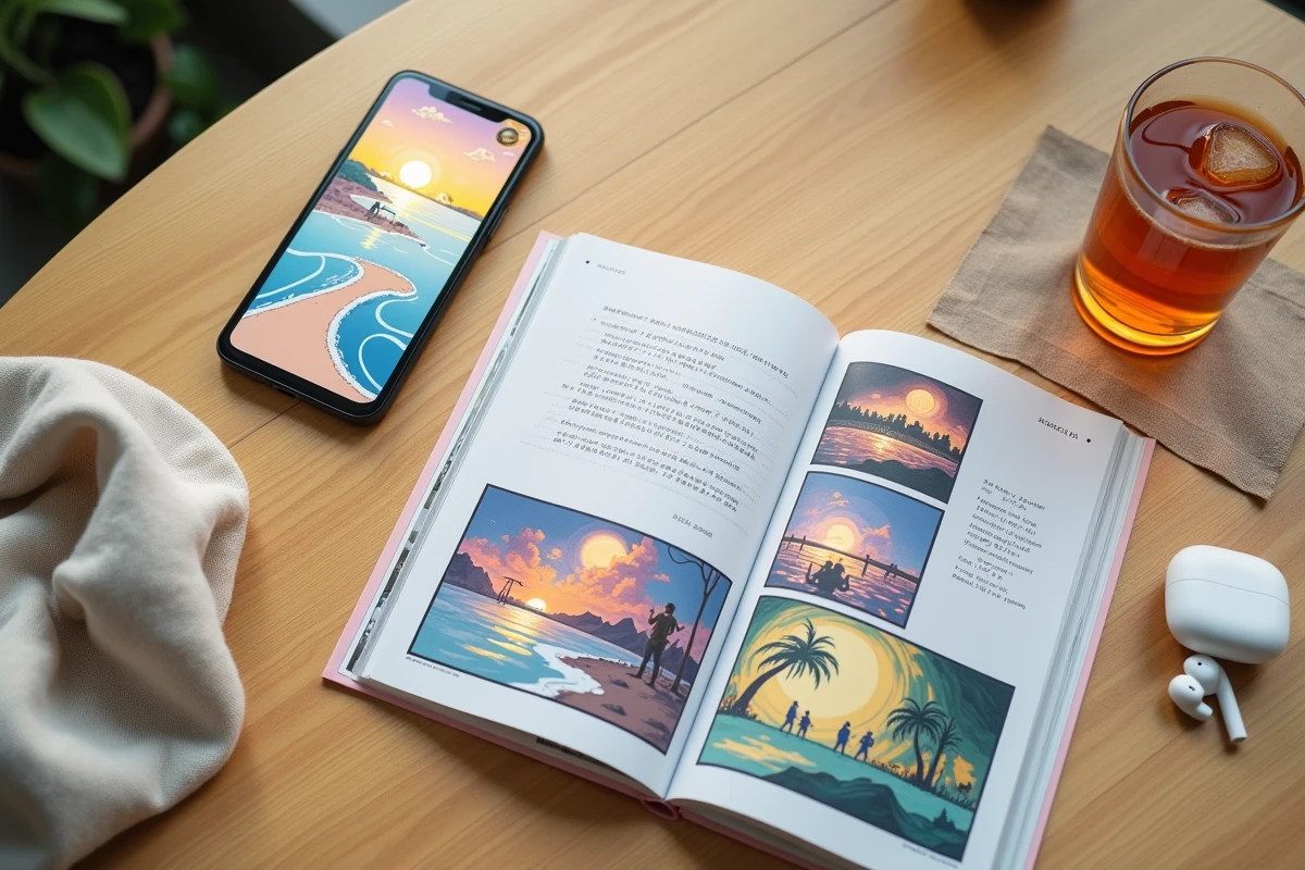 Flat lay d'un smartphone et d'un volume physique de manhwa posés sur une table en bois, illustrant les différentes options pour lire des webtoons légalement