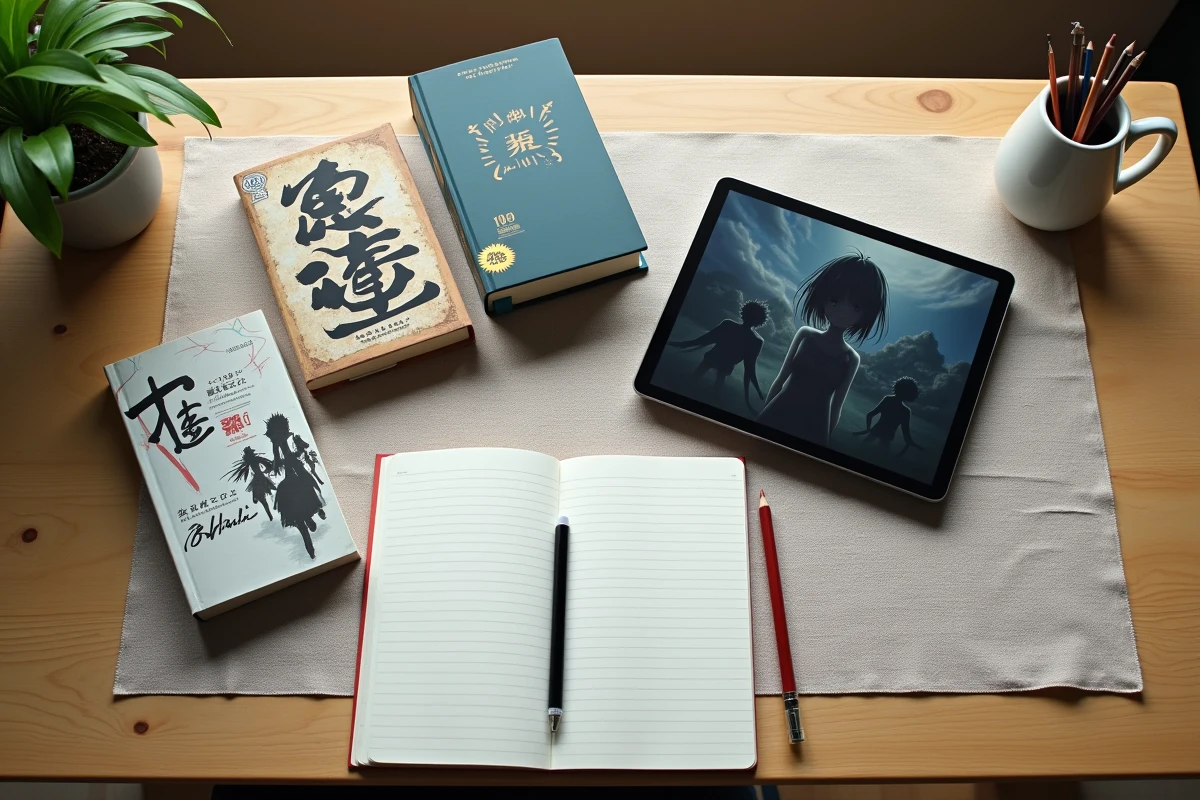 Composition à plat de volumes manga, light novel et tablette affichant un anime de dark fantasy sur une table en chêne