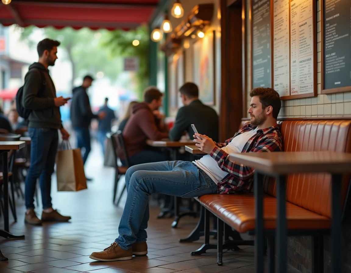 Jeune homme goujat occupant tout un banc de café ignorant une femme cherchant une place