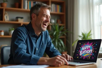 Homme souriant devant un écran affichant un gif animé d'anniversaire personnalisé sur son bureau à domicile