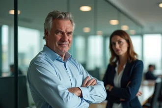 Homme à l'attitude goujate et désinvolte ignorant une collègue dans un bureau moderne