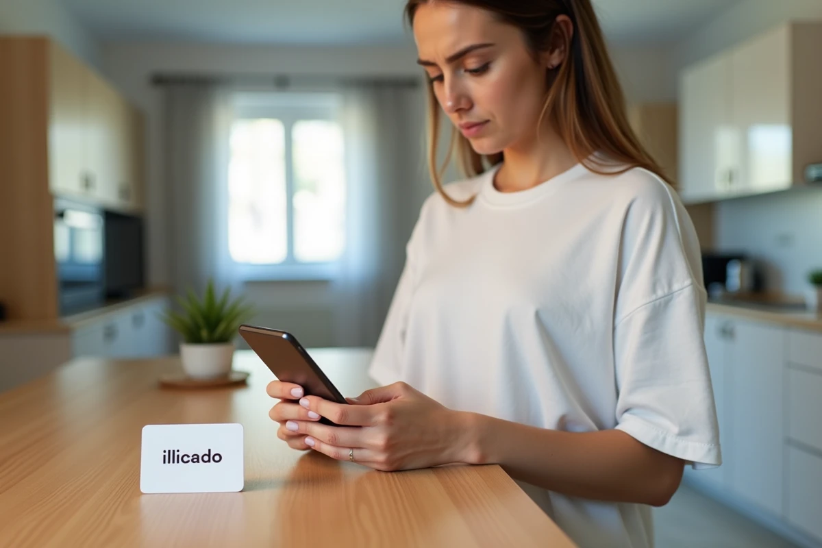 Jeune femme consultant son smartphone avec une carte Illicado posée sur le comptoir de cuisine, cherchant une solution