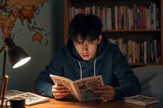 Jeune homme lisant un volume de manga One Piece à son bureau, entouré d'une collection de mangas sur des étagères