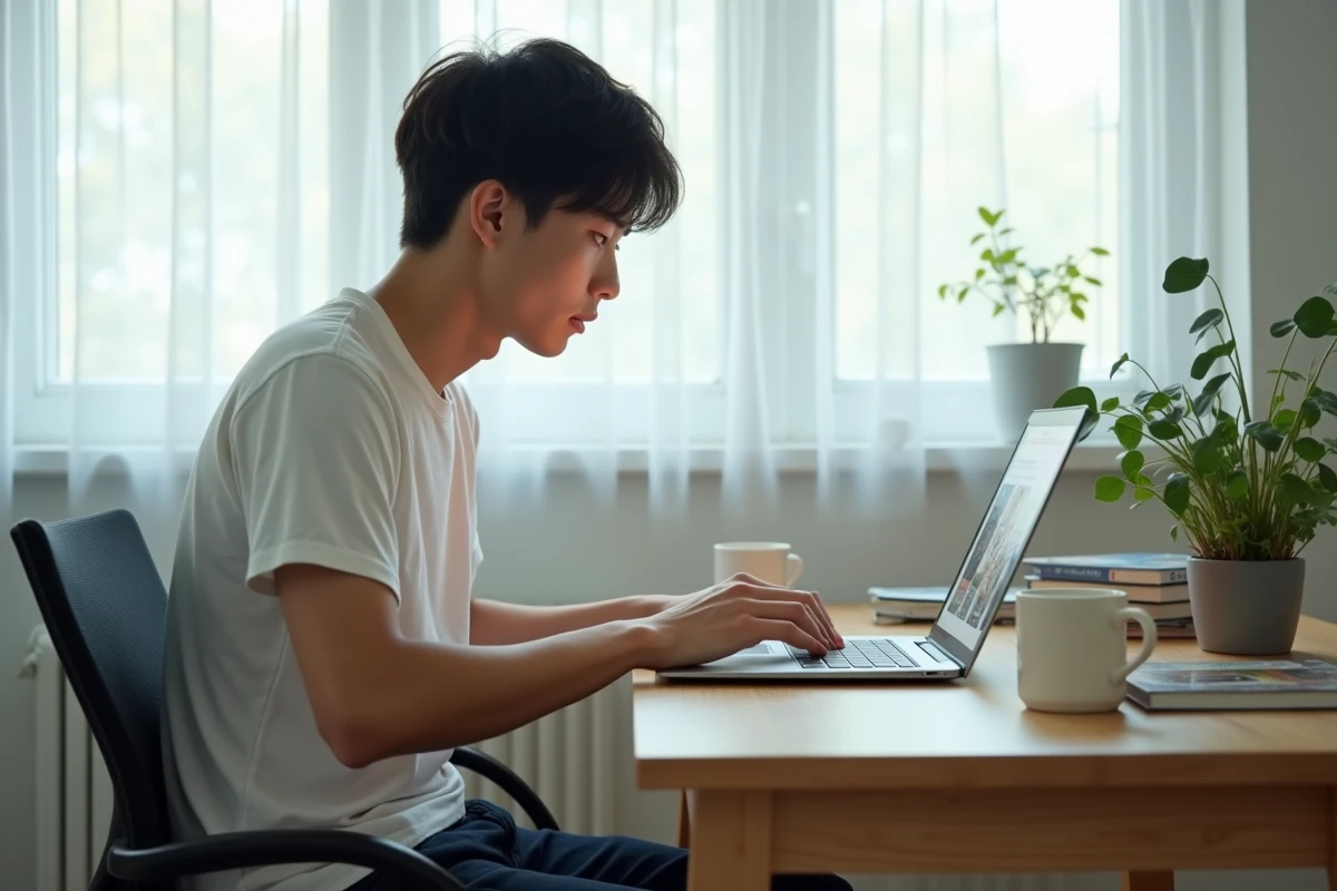 Homme consultant une plateforme de lecture de manhwa sur ordinateur portable à son bureau, représentant les options légales de webtoons en ligne