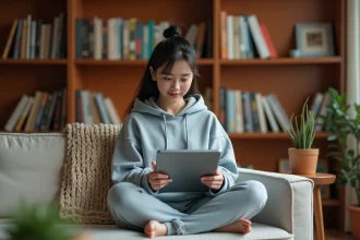 Jeune femme lisant un manhwa sur une tablette dans un salon cosy, illustrant la lecture numérique de webtoons