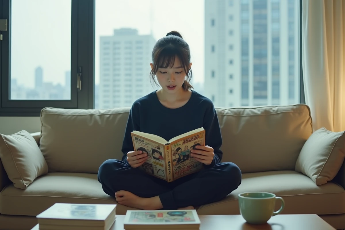 Jeune femme lisant un scan de manga japonais dans un appartement moderne au style minimaliste
