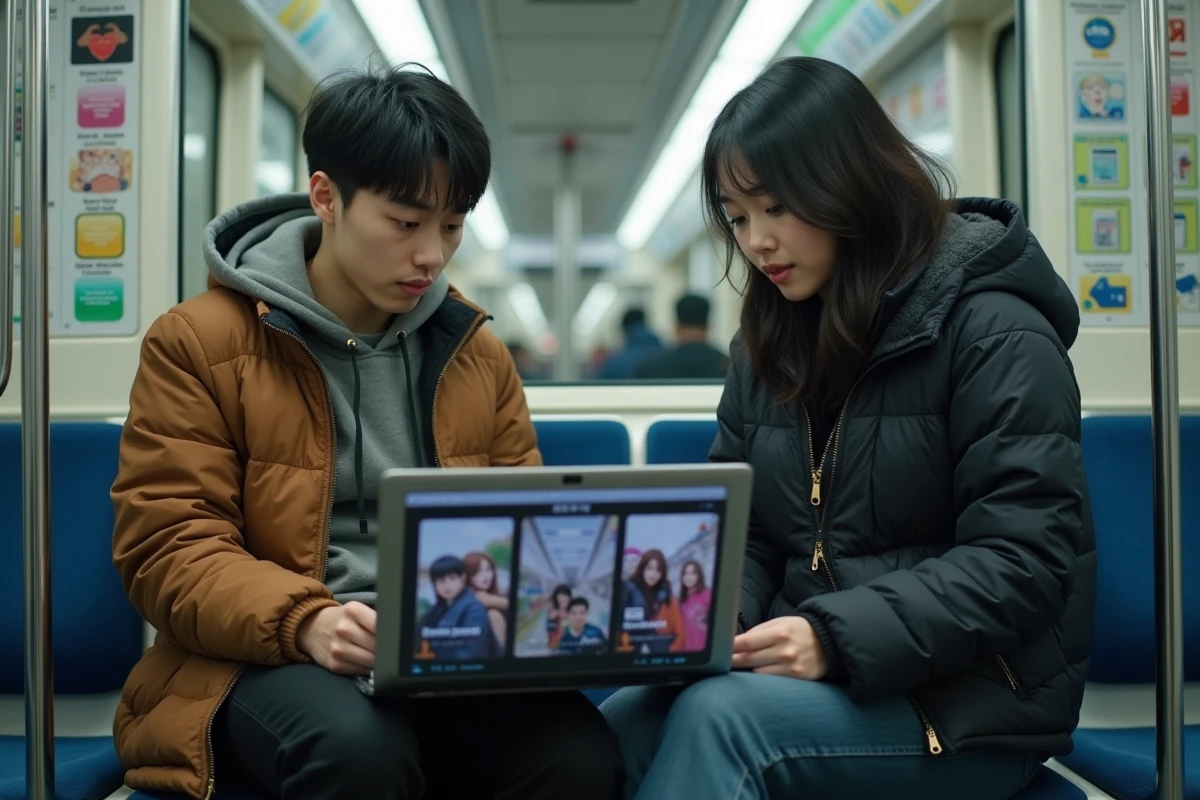 Deux jeunes adultes consultant ensemble un site de scans manga sur laptop dans le métro