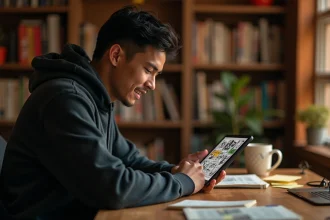 Jeune homme lisant un scan de manga sur une tablette dans un bureau cosy entouré de volumes de mangas