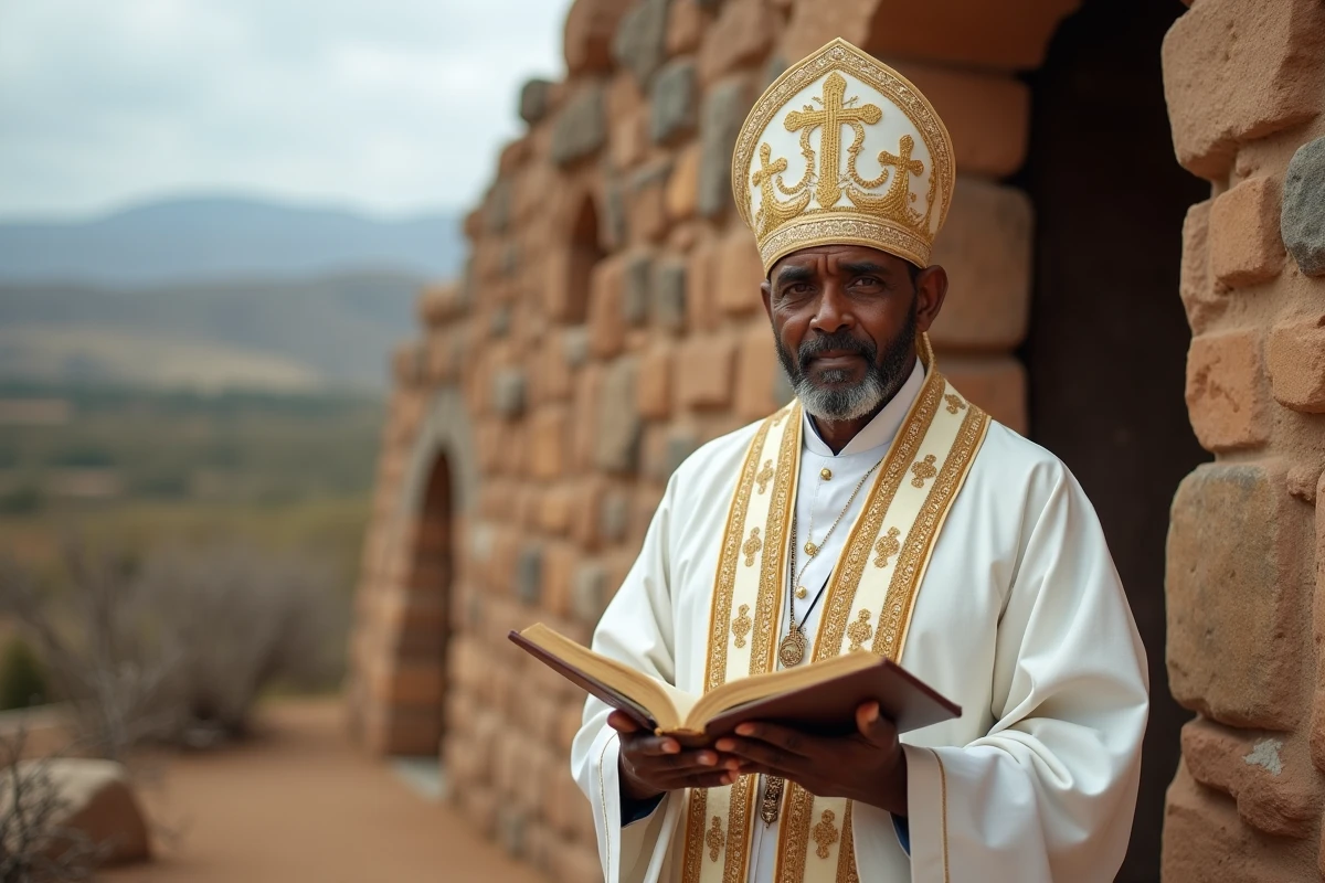 Prêtre orthodoxe éthiopien en habits cérémoniels tenant un manuscrit Ge'ez devant une ancienne église rupestre en pierre, évoquant la diversité des livres sacrés à travers les civilisations