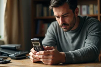 Un homme examine un vieux Nokia 3310 posé sur un bureau en bois entouré d'anciens téléphones mobiles pour les vendre au meilleur prix
