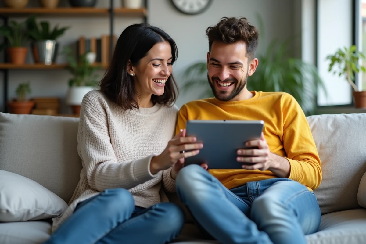 Deux amis comparant ensemble des applications et sites de tchat sur une tablette, discutant des meilleures plateformes de rencontre en ligne